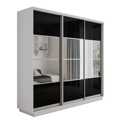 Оптим 3-х дверный 4 секции (Стекло черное, Зеркало) (Белый снег 1500х2200х440 К-3.1 Серебро профиль)